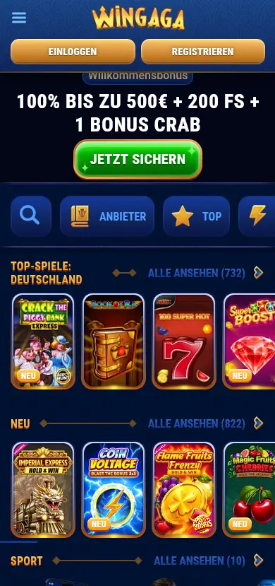 Wingaga mobile Casino-Ansicht im Browser auf dem Smartphone