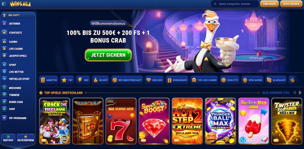 Wingaga Casino Startseite mit aktuellem Willkommensbonus